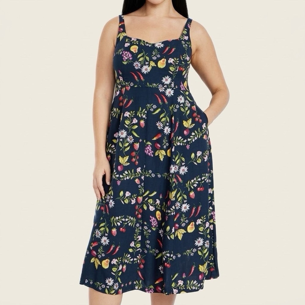Old Navy Fit Flare Linen Blend Midi Dress Flowers Fruit Chili Pepper Pockets M T